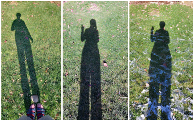 Left image: elongated shadow during the winter months. Middle image: summers with a much shorter shadow.