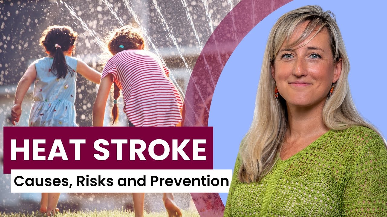 Text: Heat Stroke, risks and prevention. Composite photo of Erin Gallagher and children playing in a sprinkler